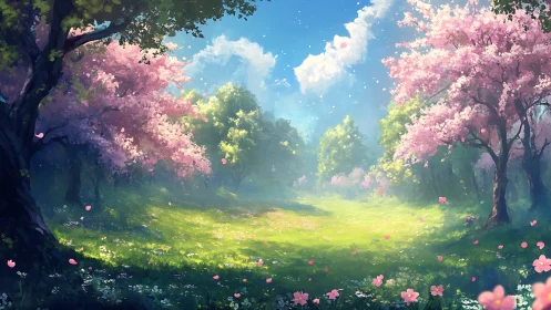 Spring meadow opens between flowering trees under clear sky