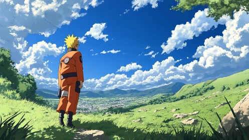 Figure in orange suit observes valley settlement from hillside