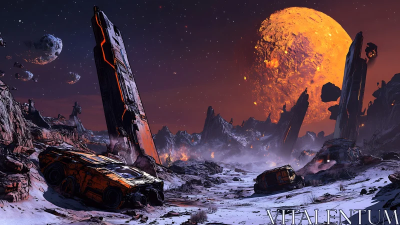 Desolate alien landscape with ruins and fractured moon.