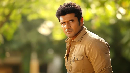 Man in tan shirt against blurred green foliage outdoors.