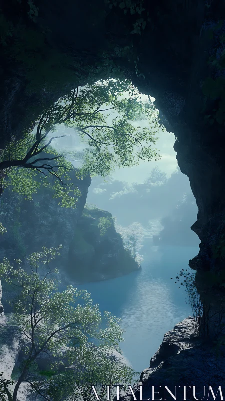 Cave-framed river hushes the morning light into misty blue