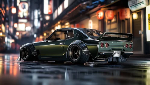 Sleek retro street racer glowing under cozy city lights.