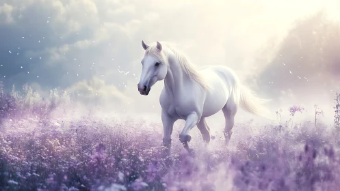 Moonlit ivory stallion wanders through a lavender mist dream