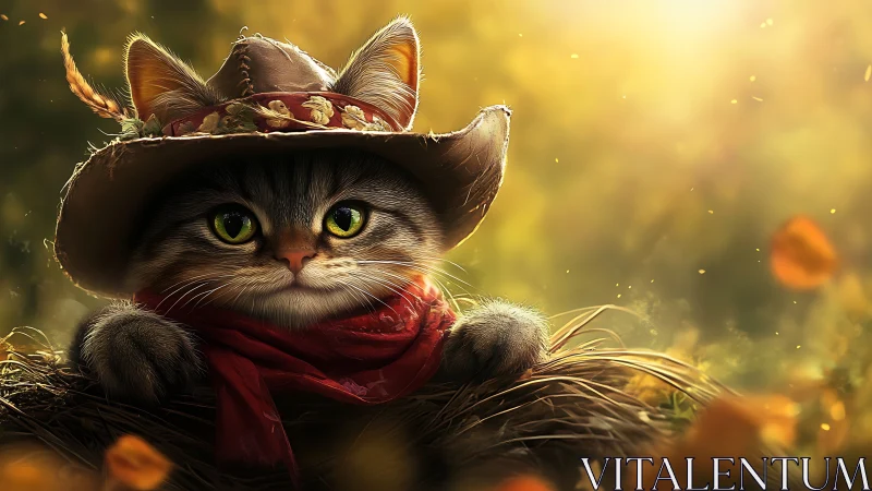 Cat Cowboy Portrait with Western Hat and Red Bandana