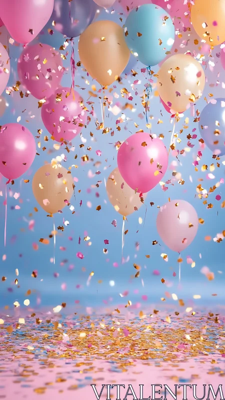 Floating Balloons with Golden Confetti Against Blue Sky.