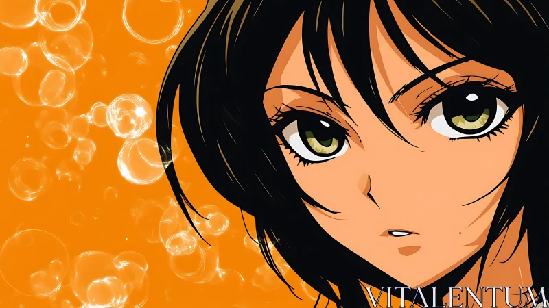Amber gaze amid bubbles on vivid orange anime backdrop.