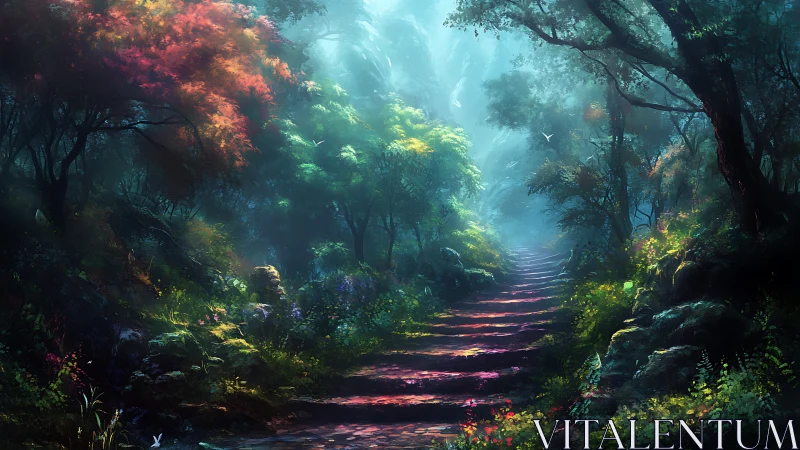 Enchanted Forest Path with Glowing Luminescence Through Canopy