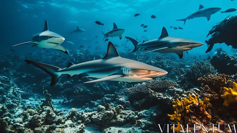 Silver reef patrol glides through coral canyons in formation