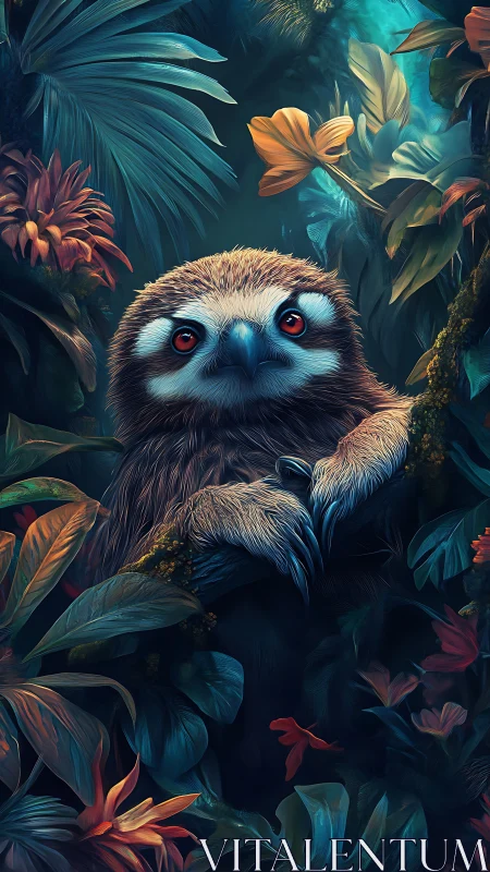Cute sloth portrait in dense, colorful jungle foliage.