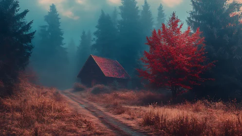 Forest cabin under crimson tree in misty autumn glow.
