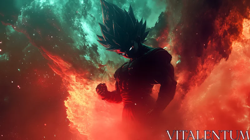 Dark energy warrior stands amid explosive cosmic nebula