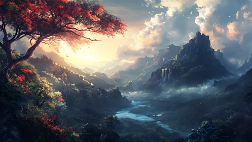 Fantasy river valley under dramatic sunrise light.