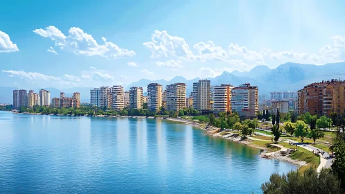 Sunlit coastal city skyline beside calm blue bay waters.