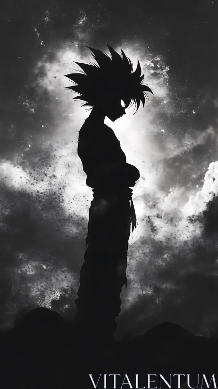 Monochrome anime warrior silhouette against backlit stormfront.