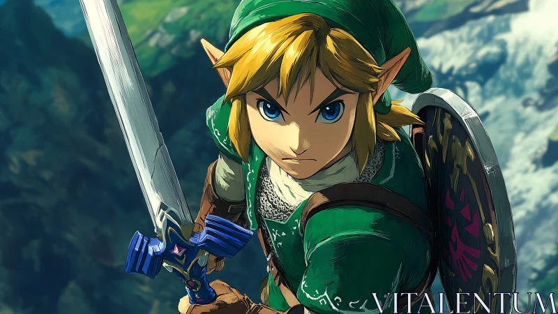 Sword-wielding elf warrior lunges forward over blurred cliffs