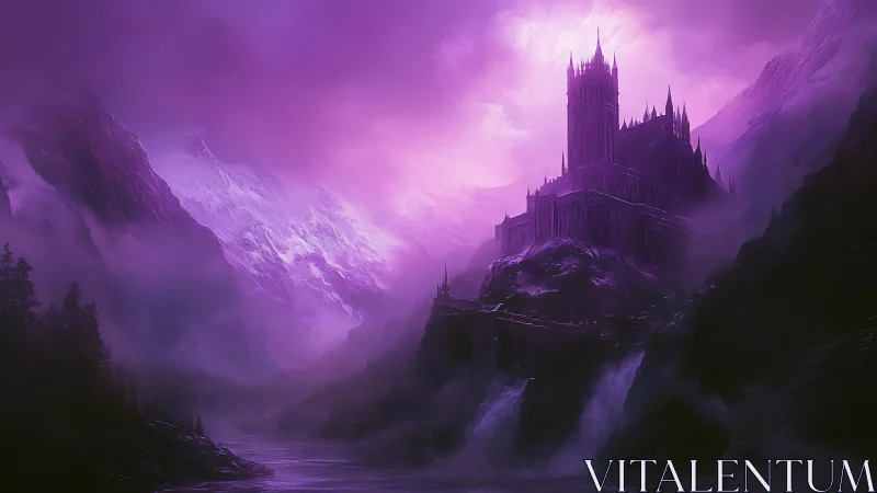 Mountain fortress above river in violet atmospheric haze.