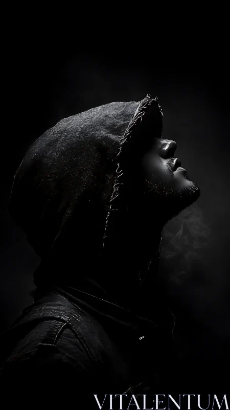 Hooded silhouette inhaling midnight fog and quiet resolve.