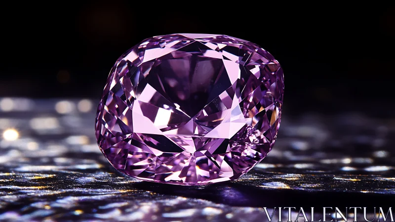 Photorealistic cushion-cut amethyst diamond on bokeh ground.