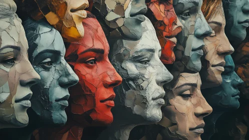 Surreal mosaic of diverse human faces in cracked clay texture.