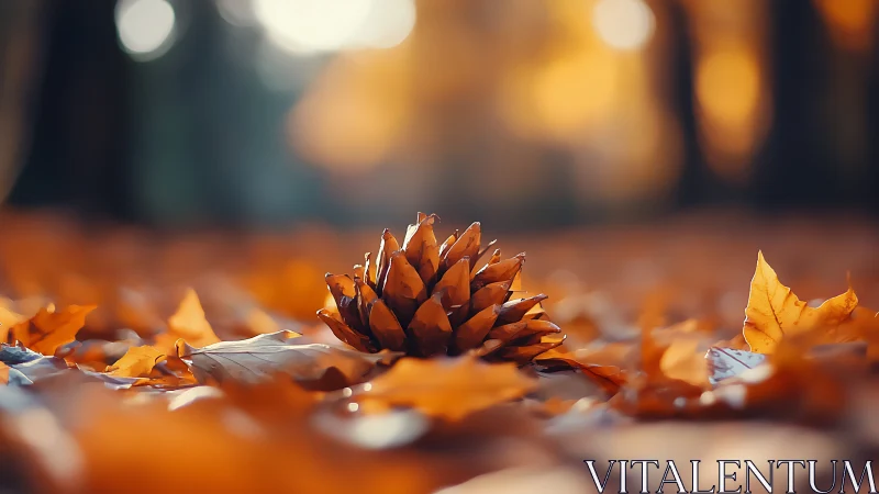 Golden pinecone resting in softly blurred autumn forest.
