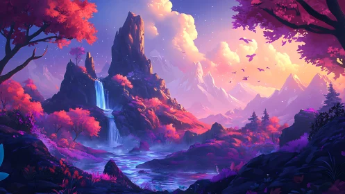 Vibrant fantasy valley shows waterfalls beneath glowing peaks