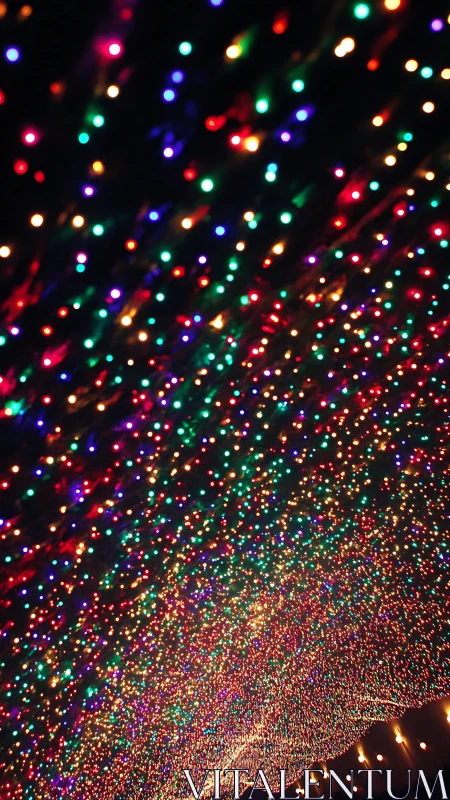 Tunnel of multicolored fairy lights glows in cascading arcs.
