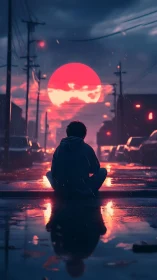 Midnight dreamer under neon moon on rain-slicked street.