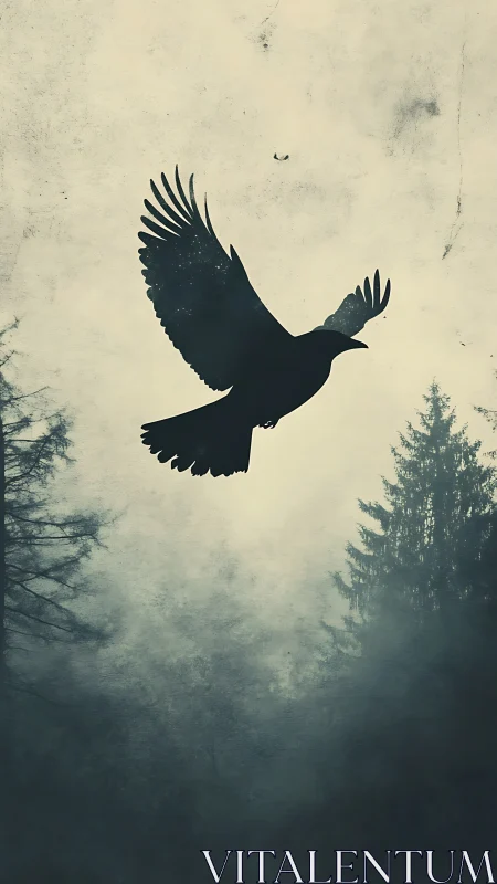 Silhouetted corvid ascends above mist laden conifer forest