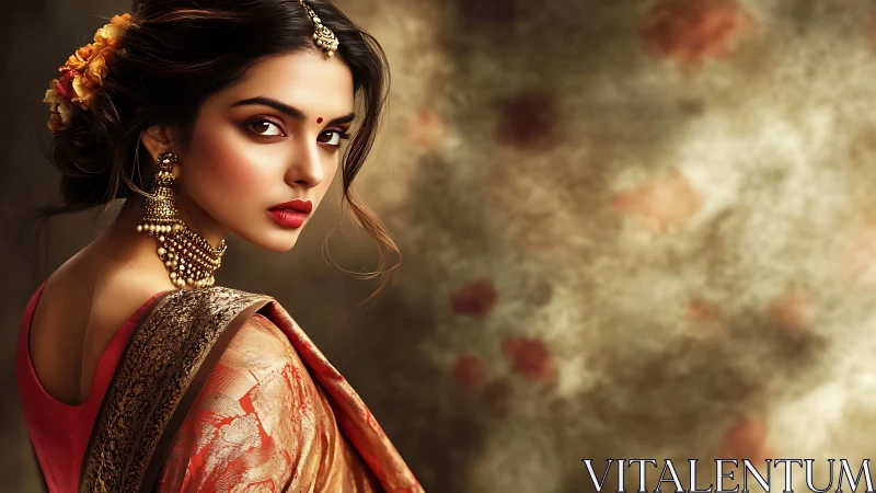 Regal Indian portrait in ornate sari and soft bokeh haze.
