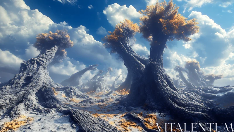 Twisted alien trees under bright clouds on rocky plain.