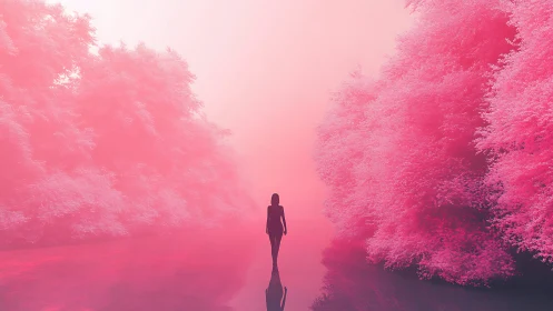 Solitary figure walks through neon pink dream forest.