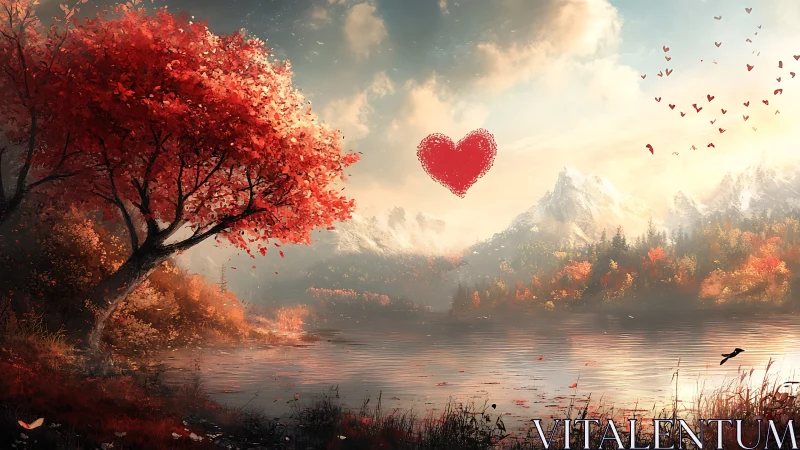 Autumn Landscape with Red Heart Symbol and Mountain Lake. Digital Fantasy Art