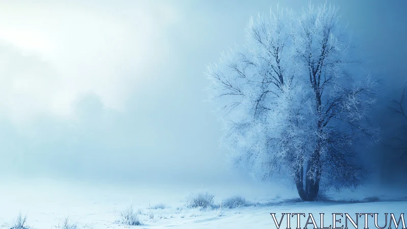 Solitary frost-kissed tree stands in tranquil winter fog.