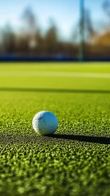Sunlit golf ball resting calmly on a bright green field.