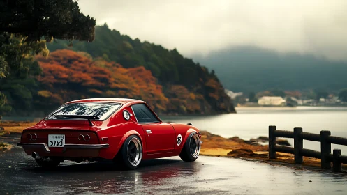 Red classic coupe parked by misty lakeside roadway.