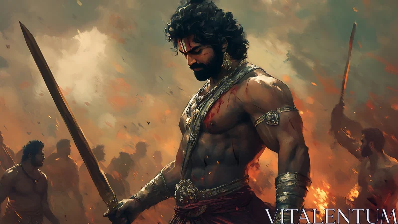 Battle-scarred warrior pauses in quiet strength amid flames