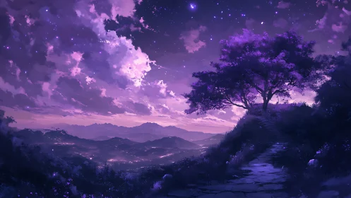 Violet twilight valley under luminous starfilled sky.