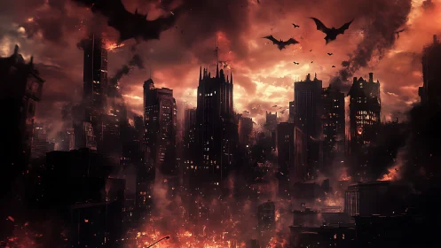 Apocalyptic digital cityscape with burning gothic high-rises.