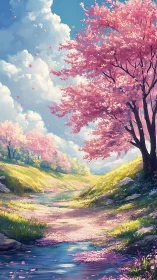 Spring river valley with cherry blossoms in soft light.