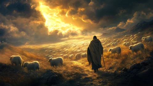 Shepherd strides through golden stormlight among dreaming sheep.
