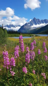Alpine wildflowers before snowcapped peaks under blue sky.