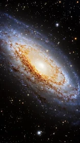 Spiral galaxy glows with golden core and star-strewn arms.
