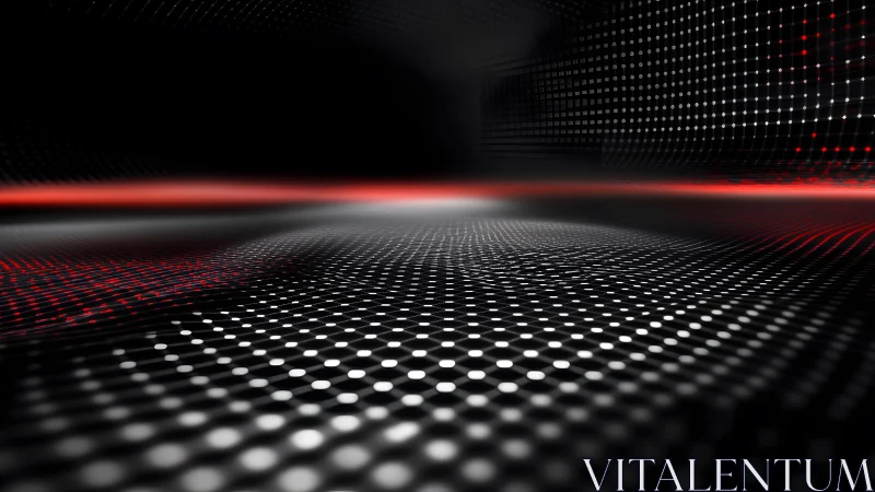 Futuristic digital landscape with glowing dots and red accents.