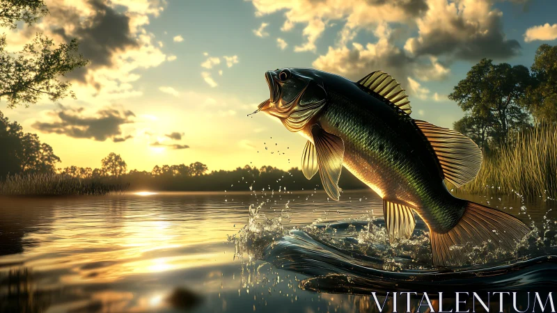 Sunlit bass leaps boldly across a glowing golden lake.