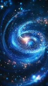 Spiral blue nebula with bright central light in deep space.