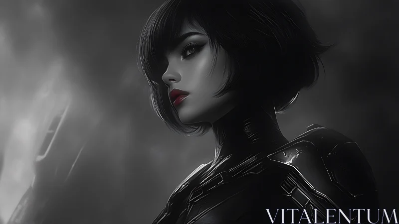 Monochrome profile of armored woman in digital portrait.