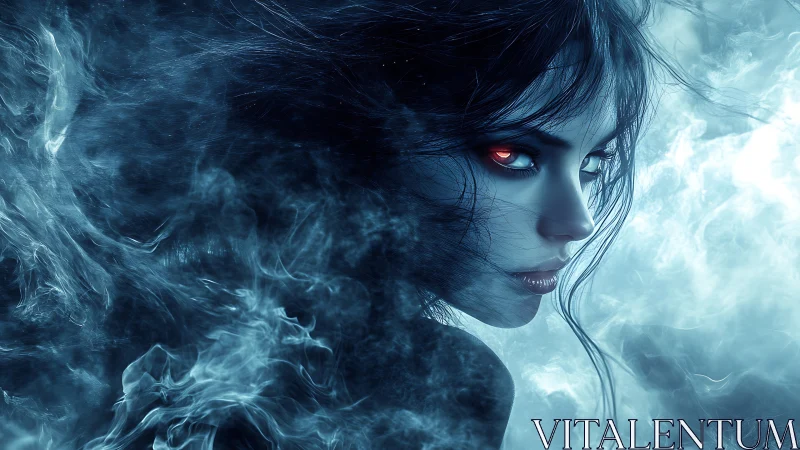Mystical ember eyed sorceress wrapped in swirling frost mist.