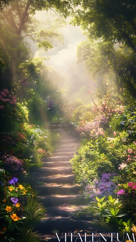 Sunlit garden stairway ascending into a dreamlike forest glow.