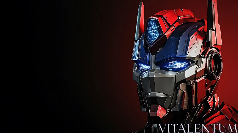 Red and blue robotic helmet glows against dark backdrop