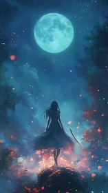 Moonlit blade dancer rises through emberdusted midnight forest.